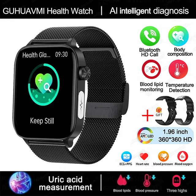2025 novo monitoramento ecg + ppg relogio inteligente feminino pressao arterial lipidios acido urico feminino rastreador de saude nenstrual smartwatches