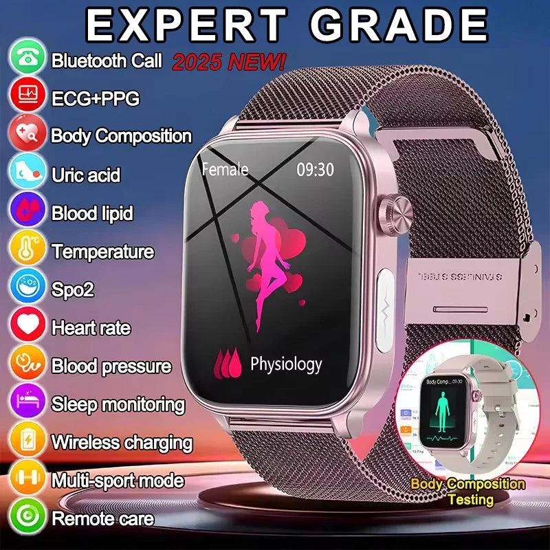 2025 novo monitoramento ecg + ppg relogio inteligente feminino pressao arterial lipidios acido urico feminino rastreador de saude nenstrual smartwatches