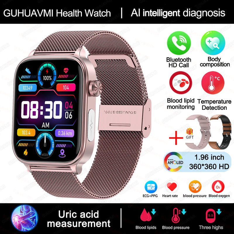 2025 novo monitoramento ecg + ppg relogio inteligente feminino pressao arterial lipidios acido urico feminino rastreador de saude nenstrual smartwatches