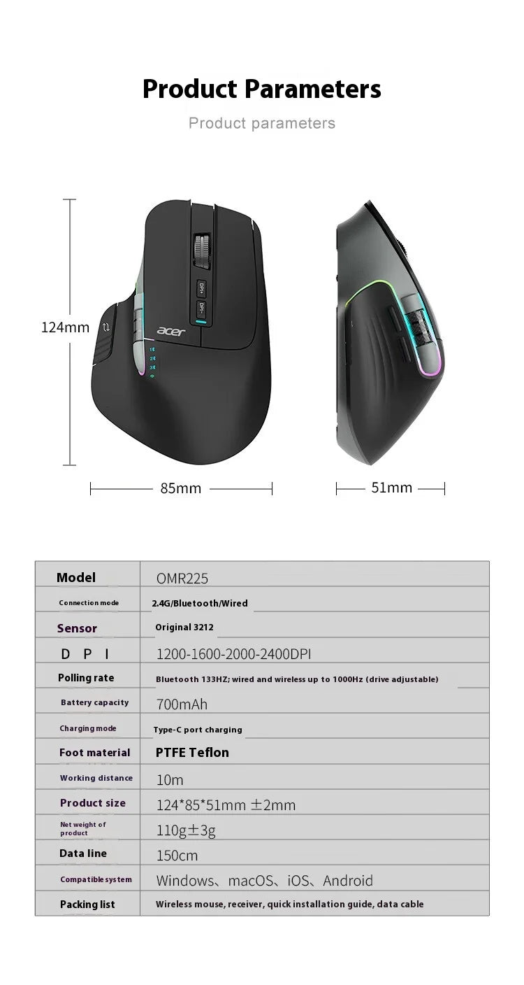 Acer Omr225 Gamer Mouse Bluetooth Wireless Mouse Dual Scroll Ergonomic Mouse Programming Custom 3mode Gaming Mice Office Mouses